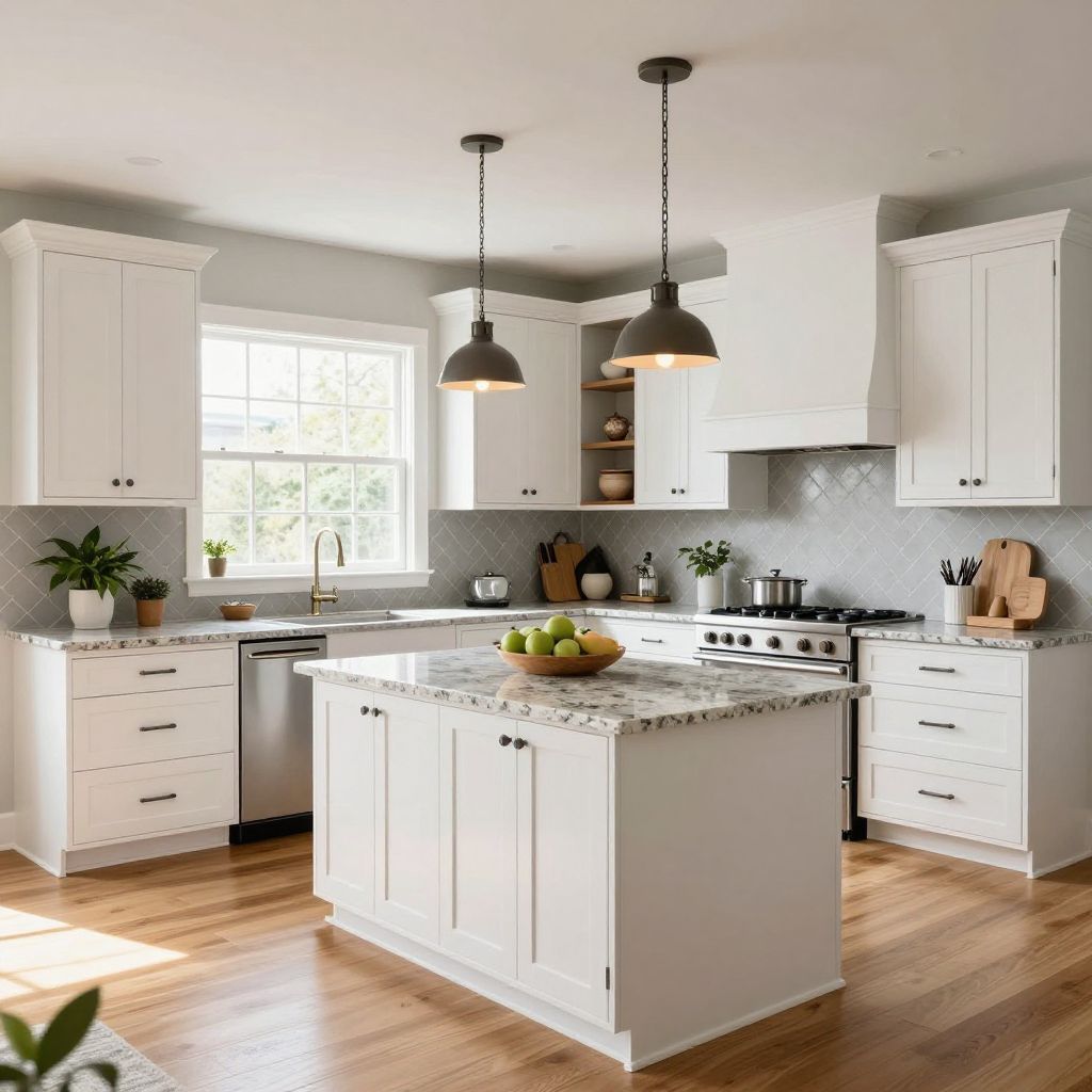 Herringbone tile for subtle pattern with white cabinets