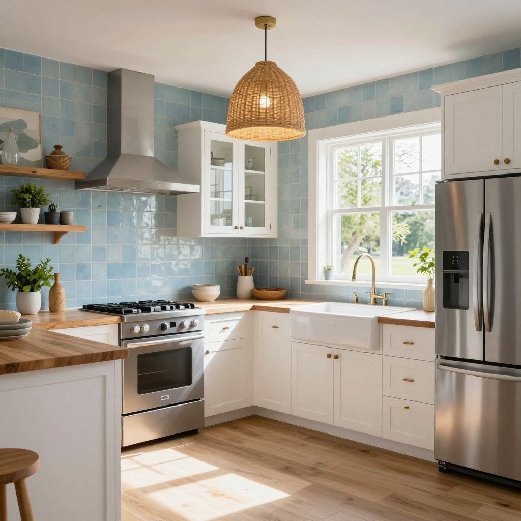 Soft blue tile backsplash for a coastal feel with white cabinets