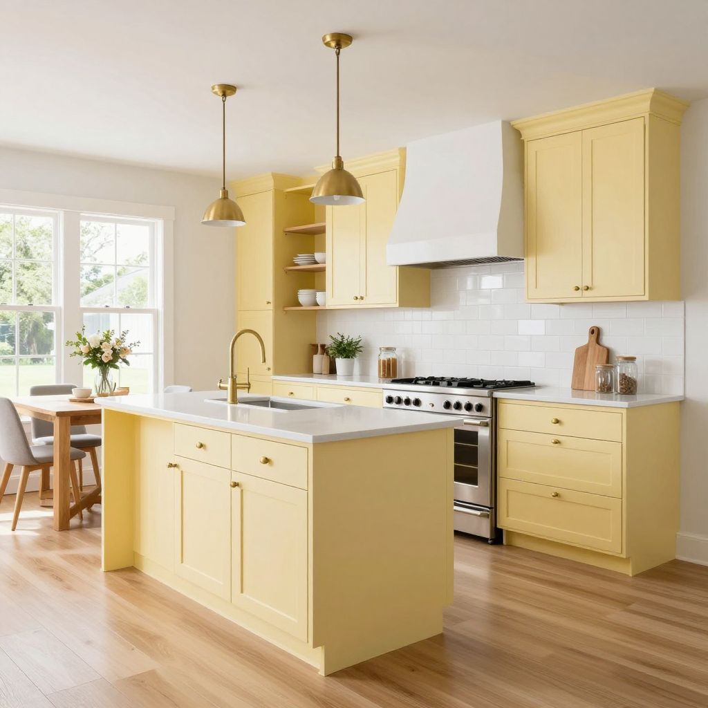 Soft buttery cabinets with white counters