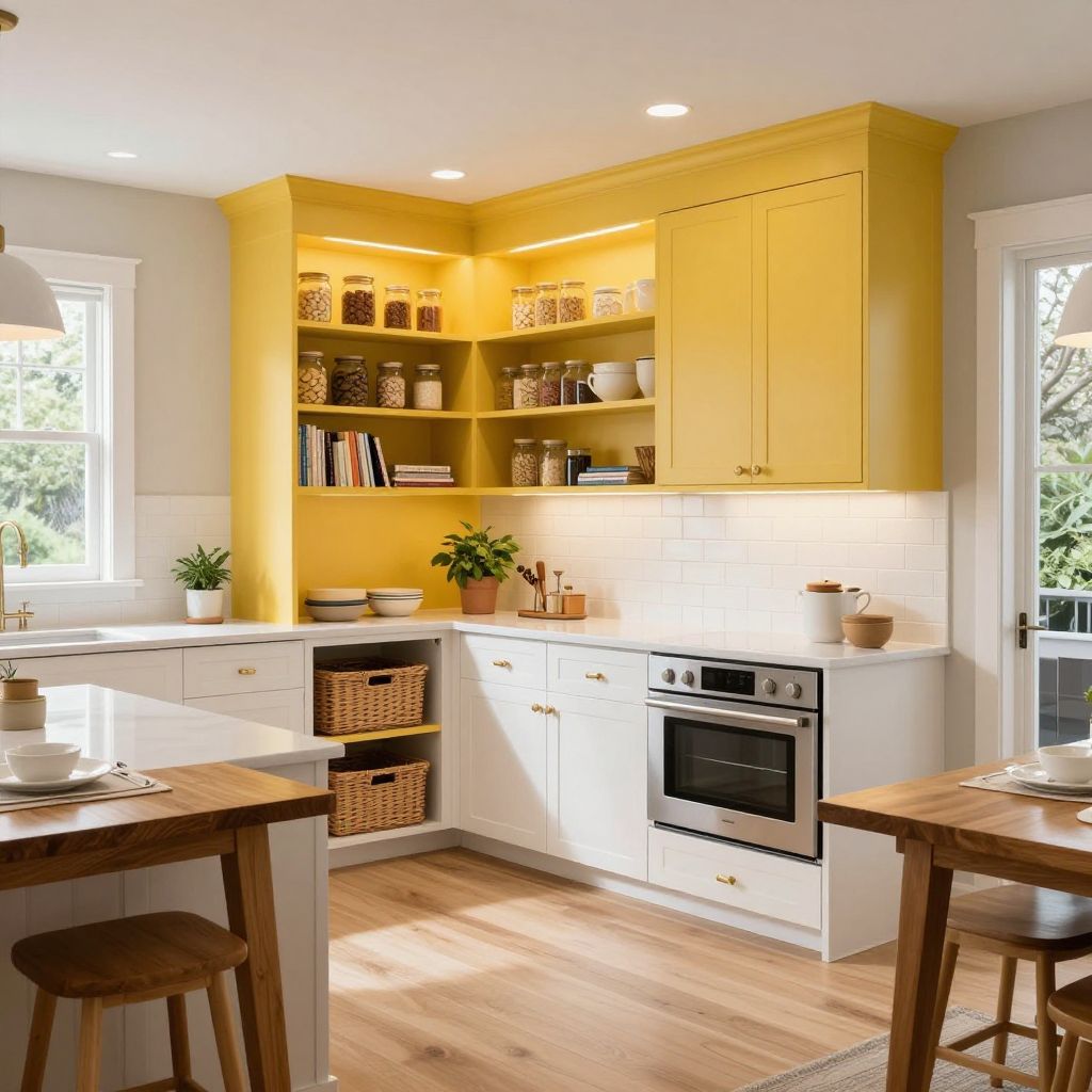 Yellow pantry wall with classic cabinetry