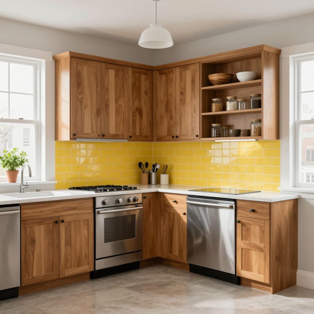 Lemon yellow backsplash with wood cabinets