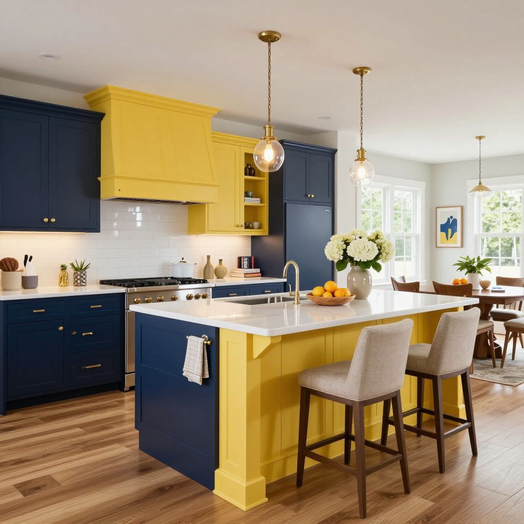 Two tone kitchen with yellow and navy