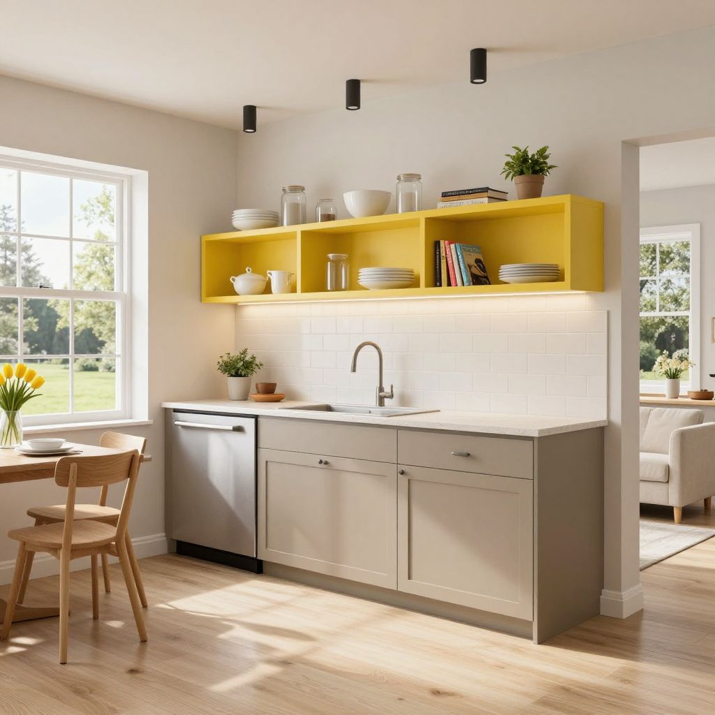 Sunny yellow open shelves with neutral cabinets