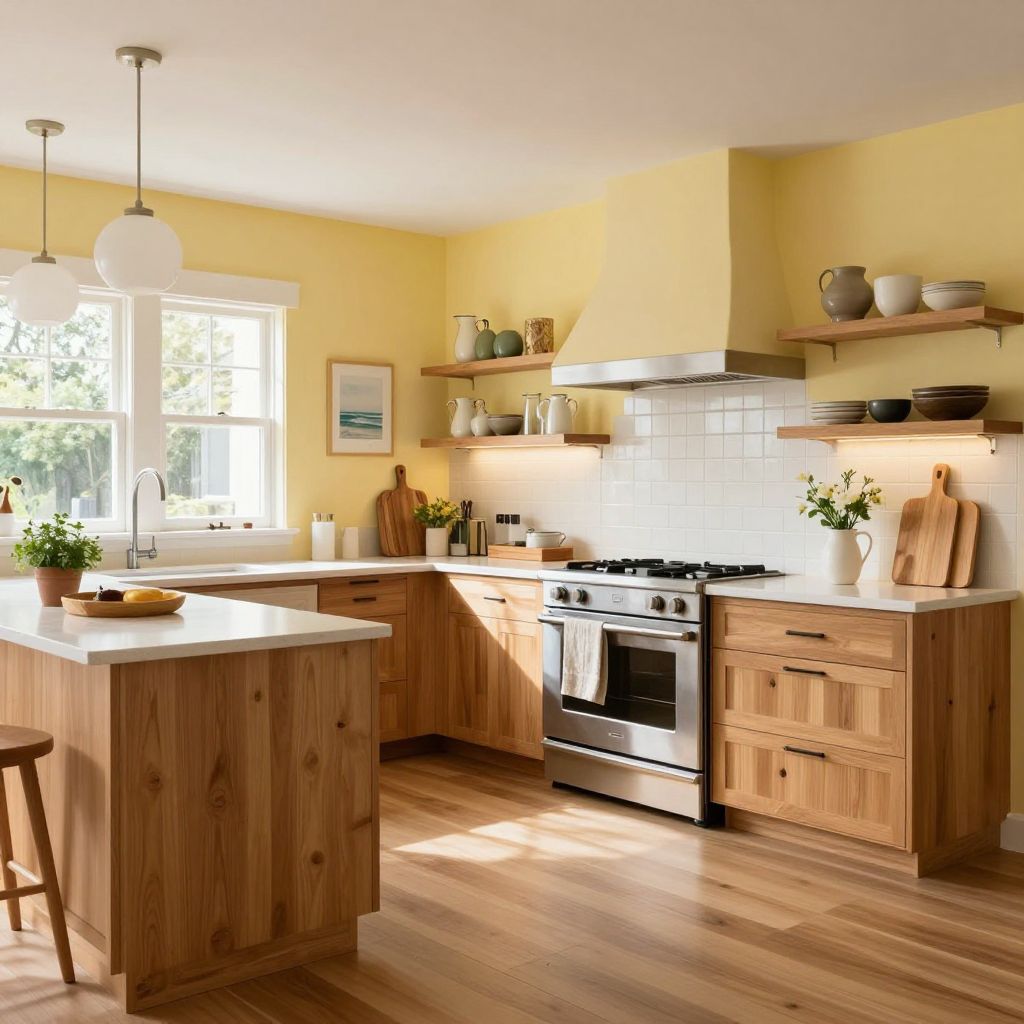 Pale yellow walls with natural wood cabinets