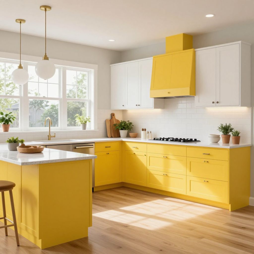 Yellow lower cabinets with white uppers