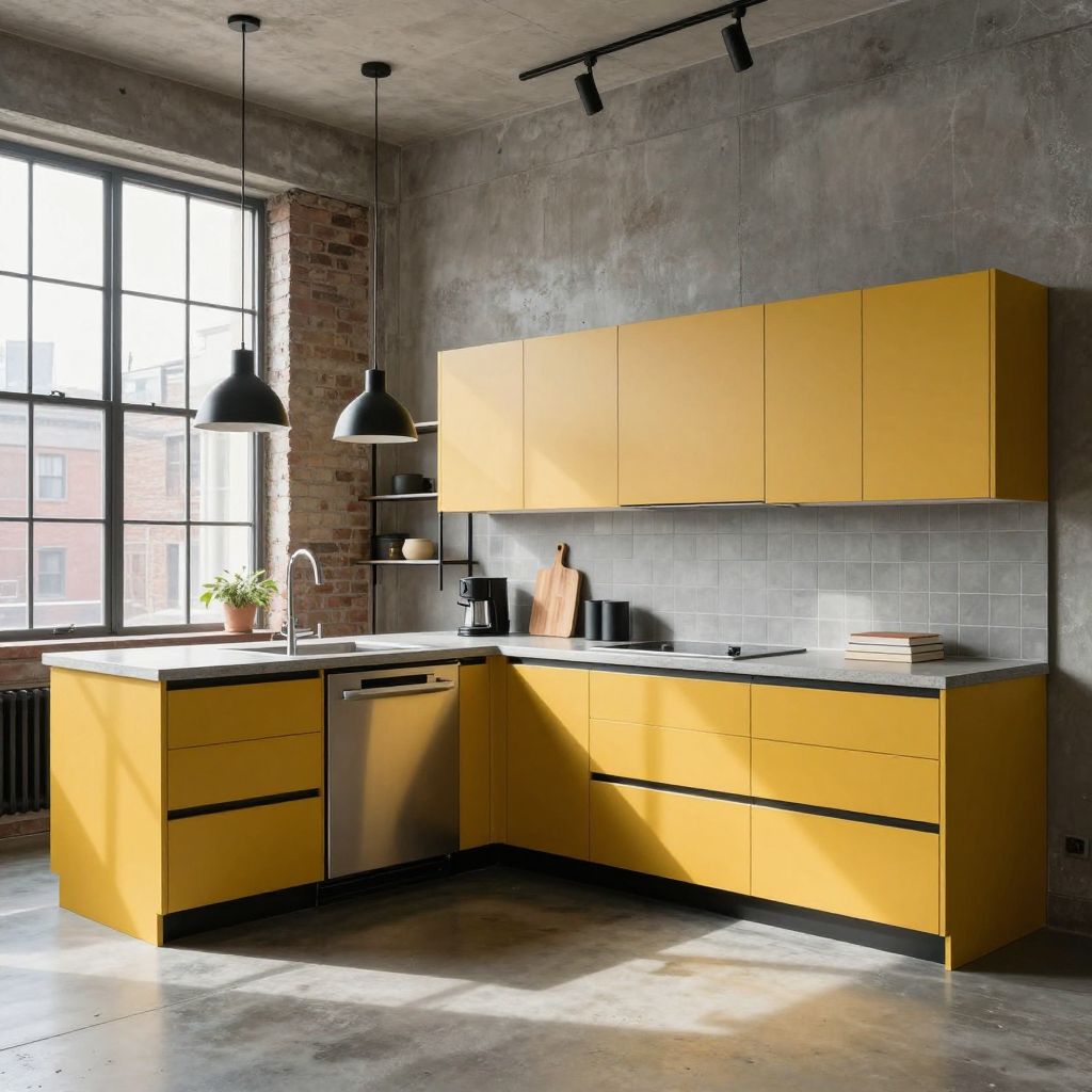 Mustard cabinets with concrete textures